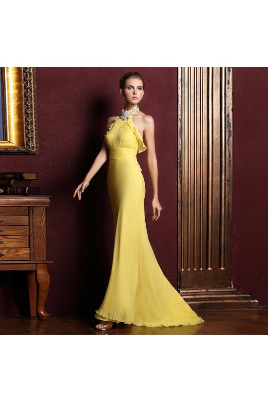 Trumpet/Mermaid Halter Beaded Long Yellow Chiffon Prom Evening Formal Dresses ED011328