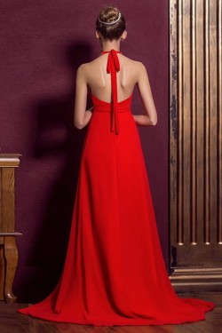 A-Line Halter Beaded Long Red Chiffon Prom Evening Formal Dresses ED011332