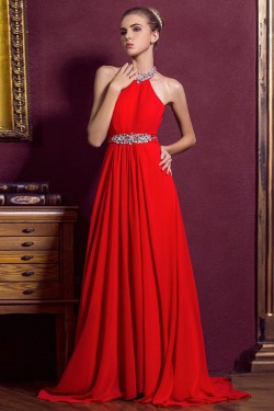 A-Line Halter Beaded Long Red Chiffon Prom Evening Formal Dresses ED011332