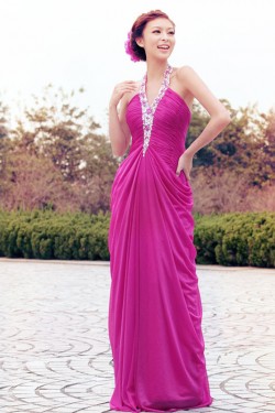 Sheath/Column Halter Beaded Long Chiffon Prom Evening Formal Dresses ED011337