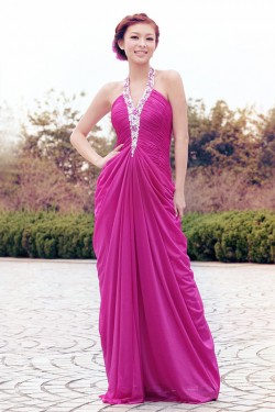 Sheath/Column Halter Beaded Long Chiffon Prom Evening Formal Dresses ED011337