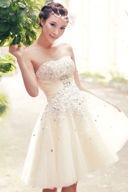 A-Line Strapless Beaded Short Prom Evening Formal Dresses ED011340