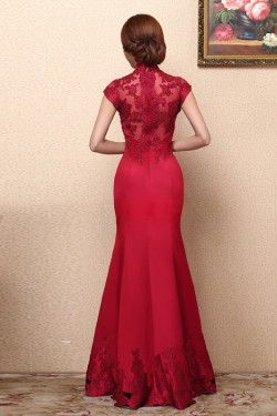 Trumpet/Mermaid High-Neck Beaded Applique Long Red Prom Evening Formal Dresses ED011346
