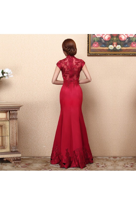 Trumpet/Mermaid High-Neck Beaded Applique Long Red Prom Evening Formal Dresses ED011346
