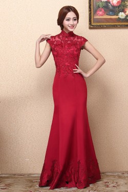 Trumpet/Mermaid High-Neck Beaded Applique Long Red Prom Evening Formal Dresses ED011346