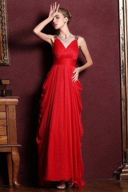 Sheath/Column V-Neck Beaded Long Chiffon Prom Evening Formal Dresses ED011348