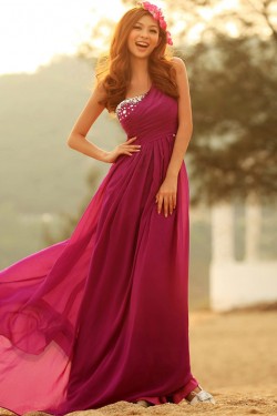 A-Line One-Shoulder Beaded Long Chiffon Prom Evening Formal Dresses ED011349