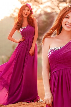 A-Line One-Shoulder Beaded Long Chiffon Prom Evening Formal Dresses ED011349