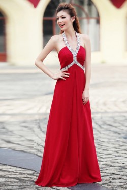 A-Line Halter Beaded Long Chiffon Prom Evening Formal Dresses ED011350