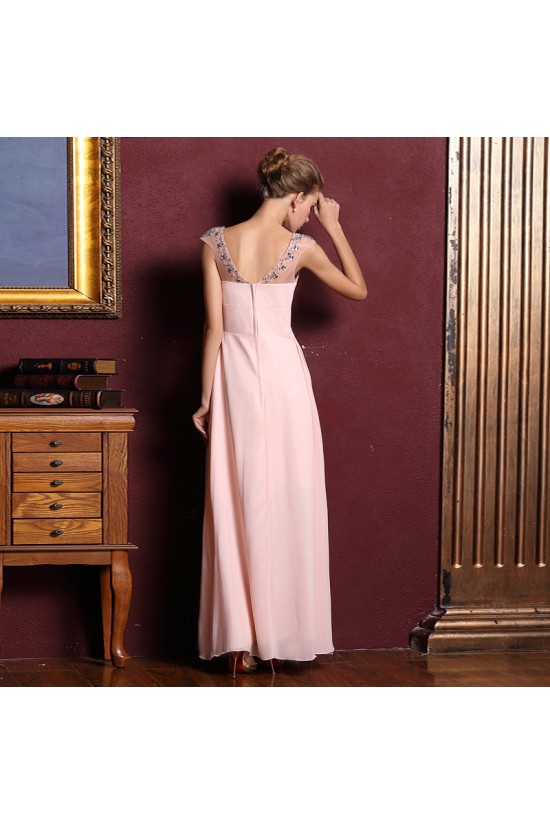 A-Line Beaded Long Pink Chiffon Prom Evening Formal Dresses ED011354