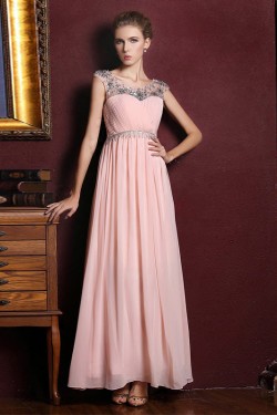 A-Line Beaded Long Pink Chiffon Prom Evening Formal Dresses ED011354
