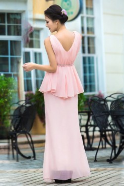 Affordable V-Neck Long Pink Beaded Chiffon Prom Evening Formal Dresses ED011355