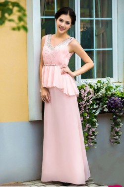 Affordable V-Neck Long Pink Beaded Chiffon Prom Evening Formal Dresses ED011355