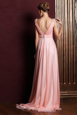 A-Line Beaded Long Pink Chiffon Prom Evening Formal Dresses ED011356
