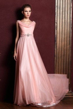 A-Line Beaded Long Pink Chiffon Prom Evening Formal Dresses ED011356