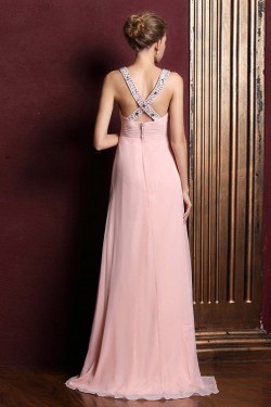 A-Line V-Neck Beaded Long Pink Chiffon Prom Evening Formal Dresses ED011357