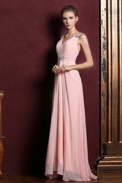 A-Line V-Neck Beaded Long Pink Chiffon Prom Evening Formal Dresses ED011357