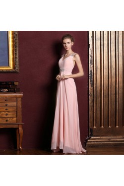 A-Line V-Neck Beaded Long Pink Chiffon Prom Evening Formal Dresses ED011357
