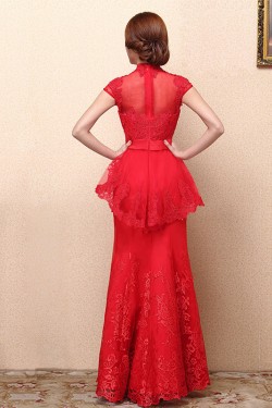 Trumpet/Mermaid High-Neck Cap-Sleeve Long Red Prom Evening Formal Dresses ED011360