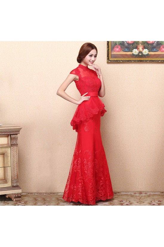 Trumpet/Mermaid High-Neck Cap-Sleeve Long Red Prom Evening Formal Dresses ED011360