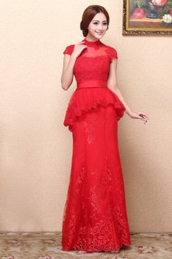 Trumpet/Mermaid High-Neck Cap-Sleeve Long Red Prom Evening Formal Dresses ED011360