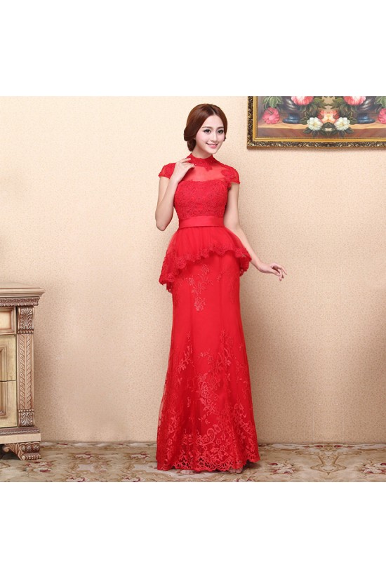 Trumpet/Mermaid High-Neck Cap-Sleeve Long Red Prom Evening Formal Dresses ED011360