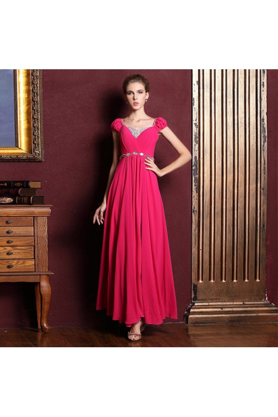 A-Line Cap-Sleeve Beaded Long Chiffon Prom Evening Formal Dresses ED011361