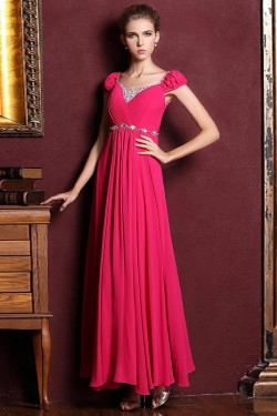 A-Line Cap-Sleeve Beaded Long Chiffon Prom Evening Formal Dresses ED011361