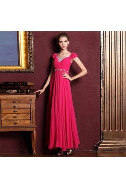 A-Line Cap-Sleeve Beaded Long Chiffon Prom Evening Formal Dresses ED011361