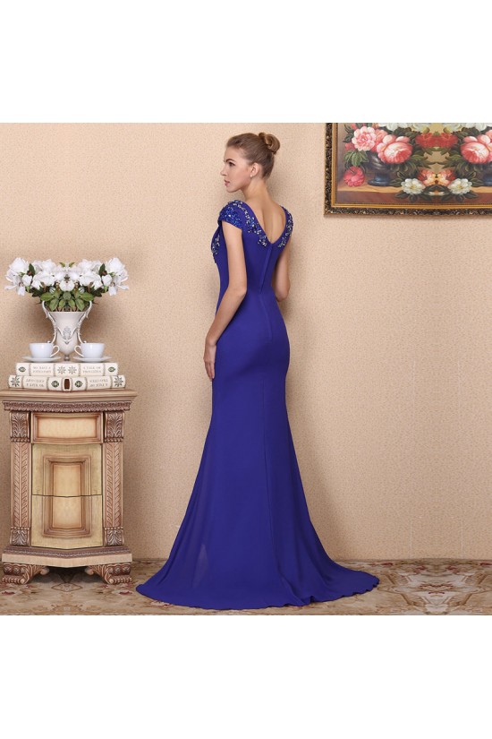 Trumpet/Mermaid Beaded Long Blue Chiffon Prom Evening Formal Dresses ED011362