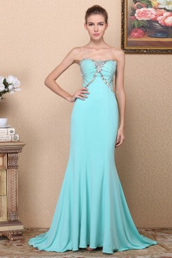 Trumpet/Mermaid Strapless Beaded Long Blue Chiffon Prom Evening Formal Dresses ED011363