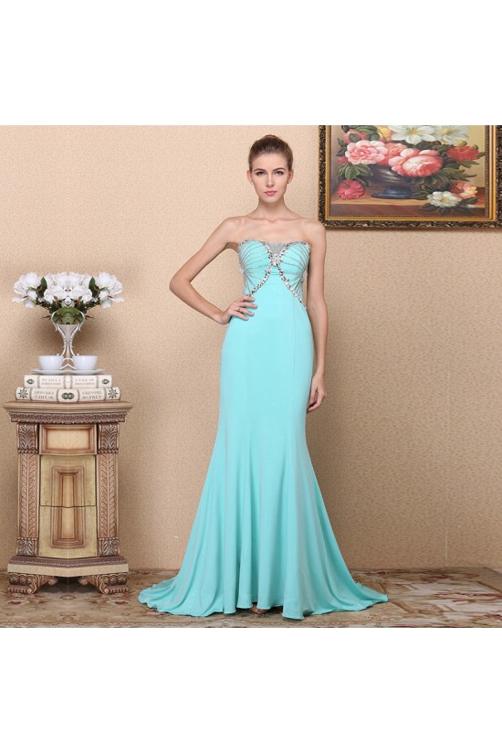 Trumpet/Mermaid Strapless Beaded Long Blue Chiffon Prom Evening Formal Dresses ED011363