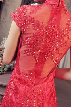 Trumpet/Mermaid High-Neck Beaded Appliques Long Red Prom Evening Formal Dresses ED011368