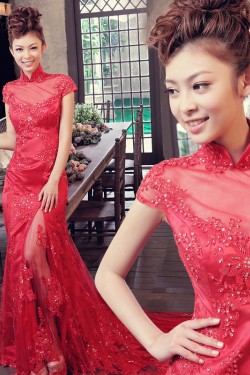 Trumpet/Mermaid High-Neck Beaded Appliques Long Red Prom Evening Formal Dresses ED011368