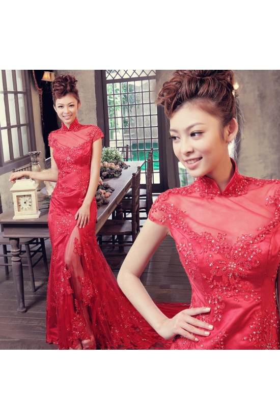Trumpet/Mermaid High-Neck Beaded Appliques Long Red Prom Evening Formal Dresses ED011368