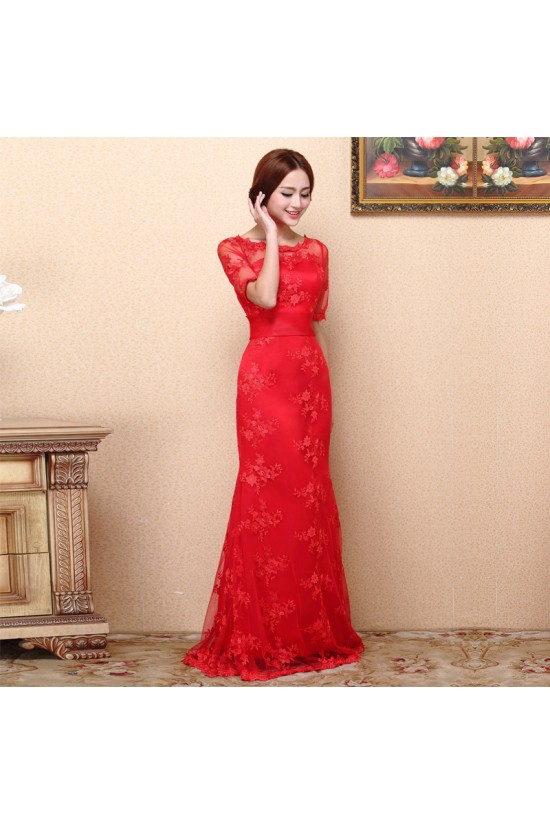 Trumpet/Mermaid Half Sleeve Long Red Prom Evening Formal Dresses ED011369