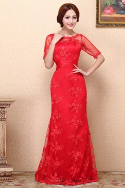 Trumpet/Mermaid Half Sleeve Long Red Prom Evening Formal Dresses ED011369