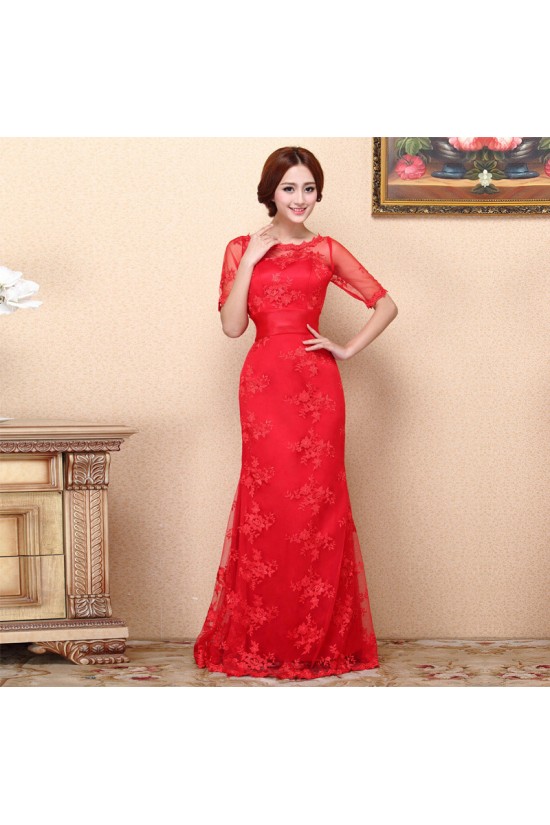 Trumpet/Mermaid Half Sleeve Long Red Prom Evening Formal Dresses ED011369