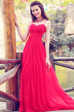 A-Line Spaghetti Strap Pleated Long Red Chiffon Prom Evening Formal Dresses ED011370