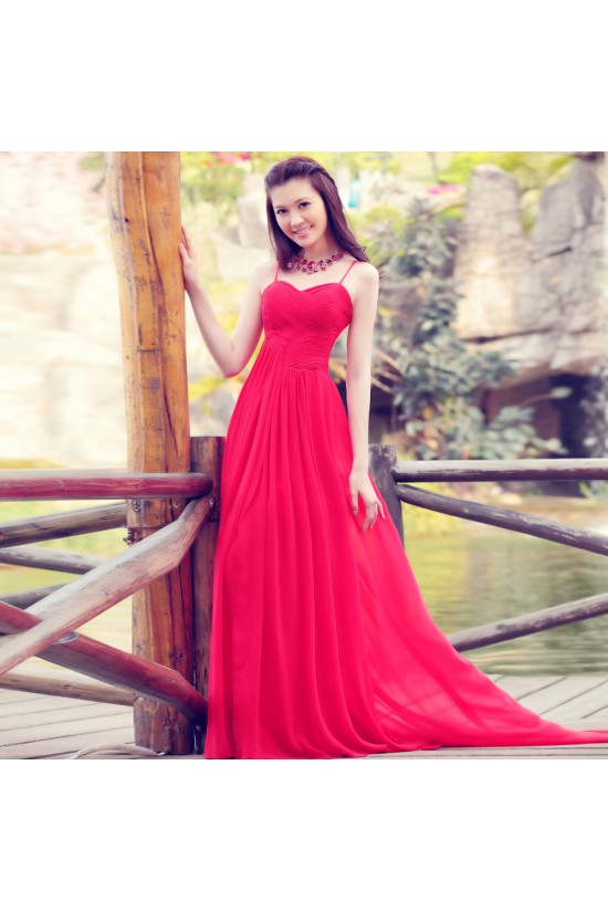 A-Line Spaghetti Strap Pleated Long Red Chiffon Prom Evening Formal Dresses ED011370