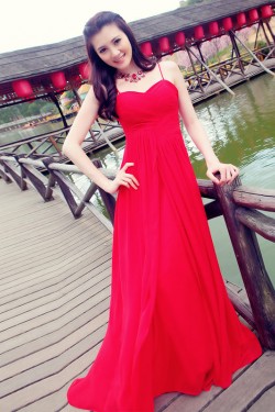 A-Line Spaghetti Strap Pleated Long Red Chiffon Prom Evening Formal Dresses ED011370