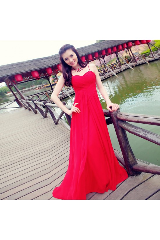 A-Line Spaghetti Strap Pleated Long Red Chiffon Prom Evening Formal Dresses ED011370