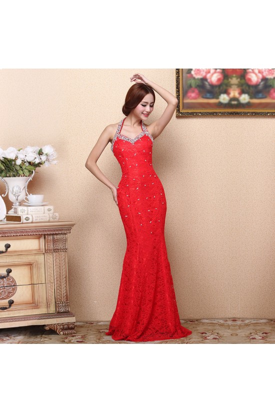 Trumpet/Mermaid Halter Beaded Long Red Lace Prom Evening Formal Dresses ED011373