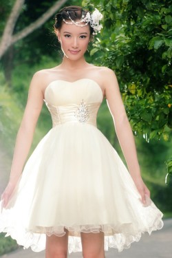 A-Line Strapless Short Tulle Beaded Prom Evening Cocktail Dresses ED011379