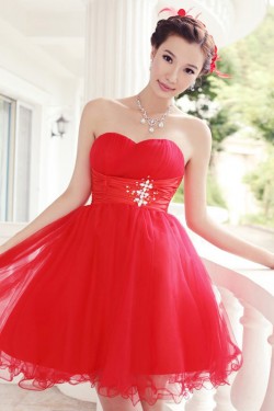 A-Line Strapless Short Tulle Beaded Prom Evening Cocktail Dresses ED011379