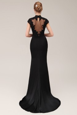 Trumpet/Mermaid High-Neck Cap-Sleeve Beaded Applique Long Black Prom Evening Formal Dresses ED011380