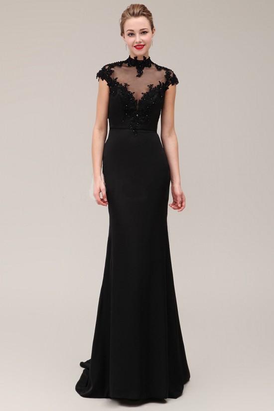 Trumpet/Mermaid High-Neck Cap-Sleeve Beaded Applique Long Black Prom Evening Formal Dresses ED011380