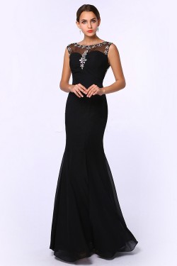 Trumpet/Mermaid Beaded Long Black Chiffon Prom Evening Formal Dresses ED011382