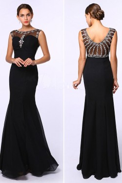 Trumpet/Mermaid Beaded Long Black Chiffon Prom Evening Formal Dresses ED011382