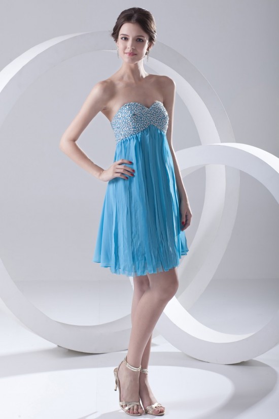 A-Line Sweetheart Beaded Short Blue Chiffon Prom Evening Bridesmaid Dresses ED011384